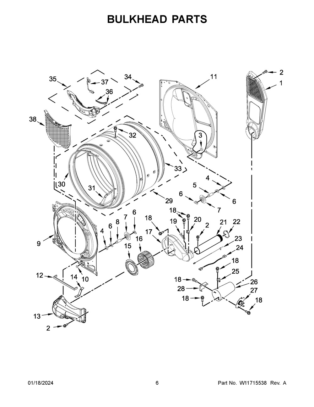 Bulkhead Parts Diagram and Parts List for MGD5630MBK1  Maytag Dryer