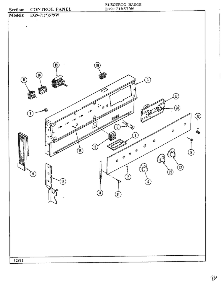 Control Panel Diagram and Parts List for EG9-71(*)579W  Hardwick Range