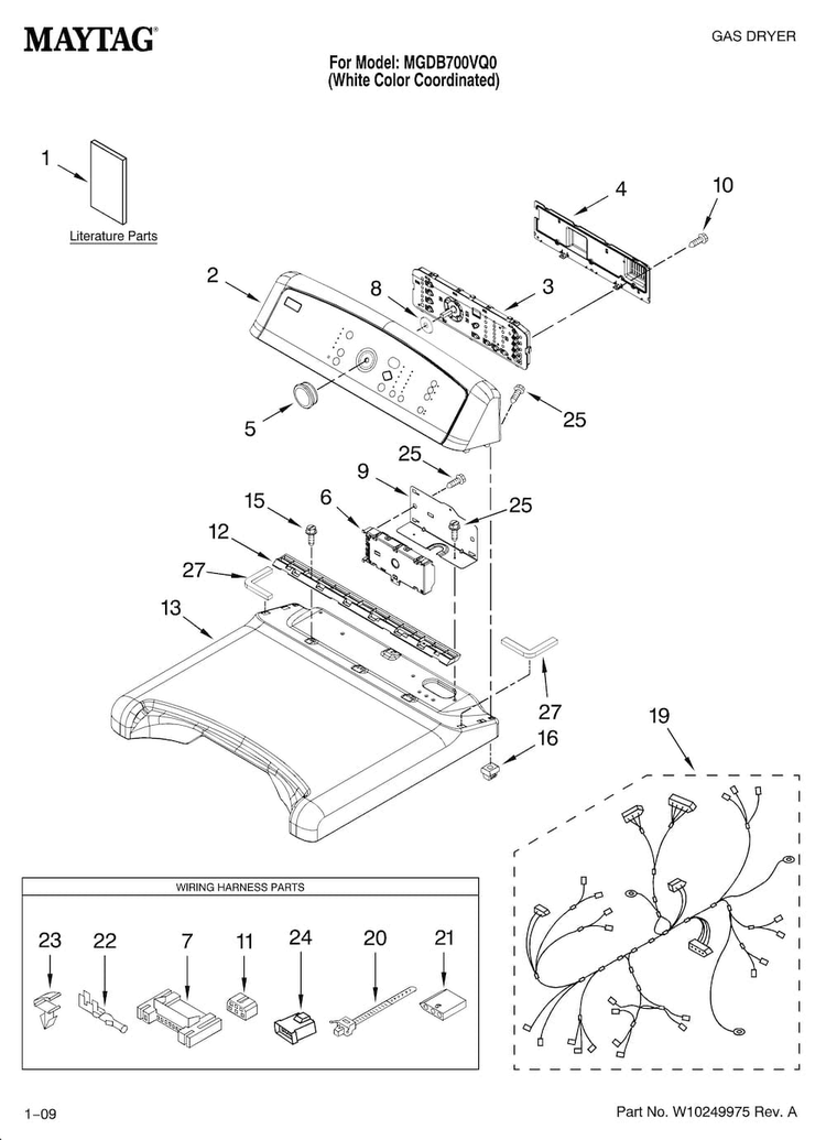 Top And Console Parts Diagram and Parts List for MGDB700VQ0  Maytag Dryer