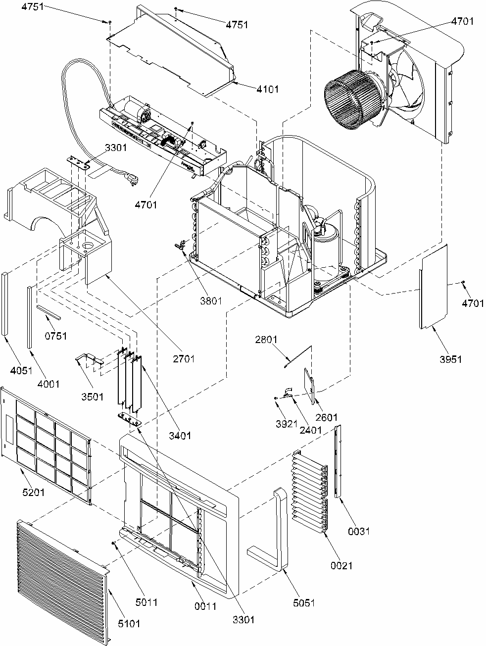 Chassis Assembly Diagram and Parts List for 10M52TB-P1230808R  Amana Air Conditioner