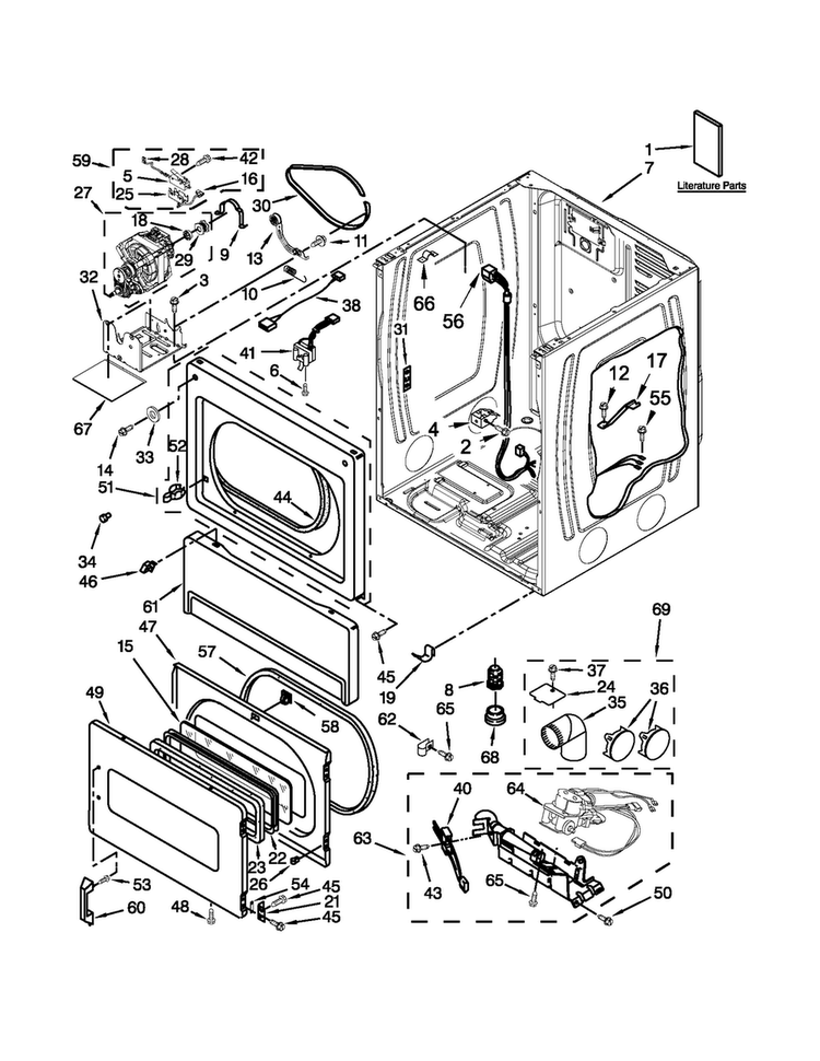 Lower Cabinet And Front Panel Parts Diagram and Parts List for MLG24PDAXW3  Maytag Dryer