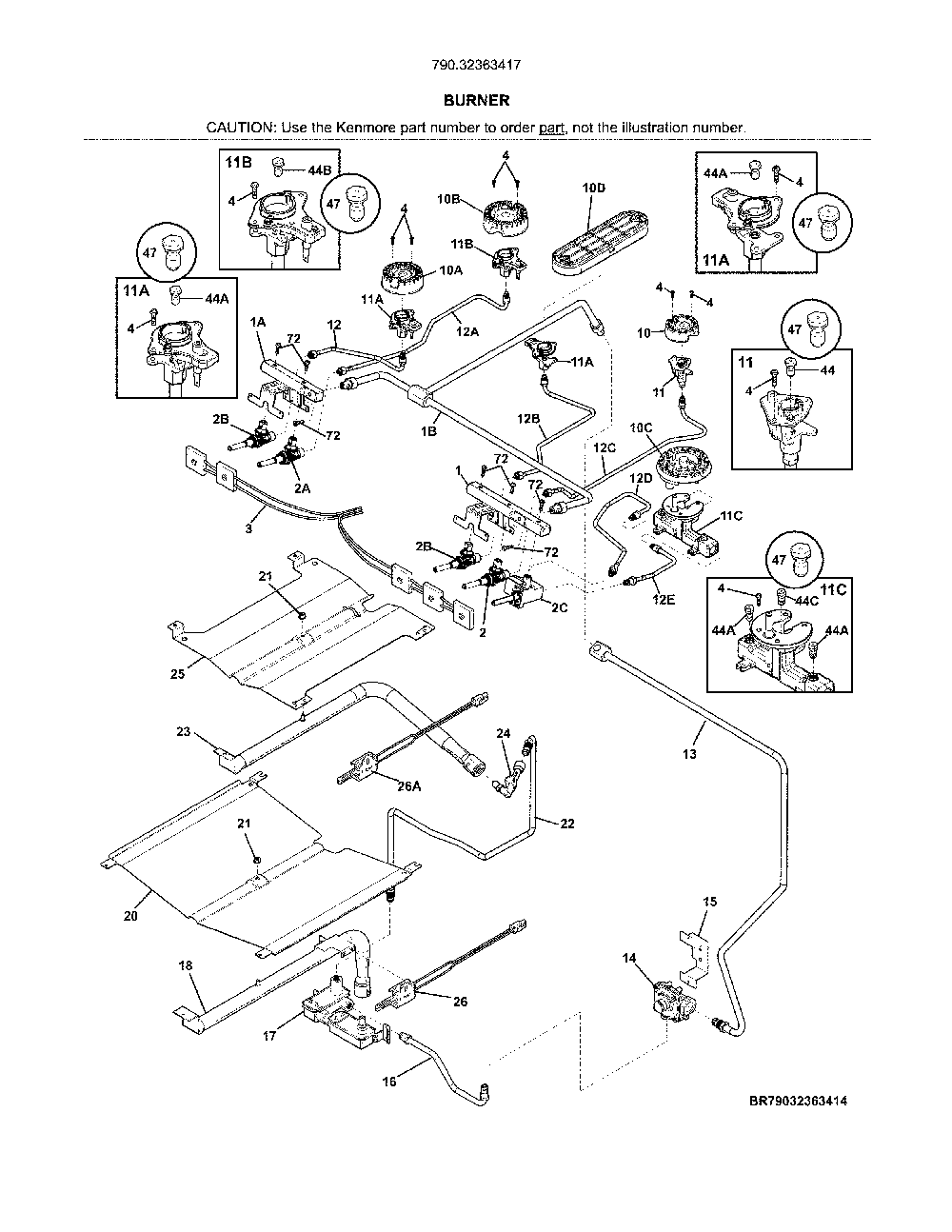 Burner Diagram and Parts List for 79032363417  Kenmore Range