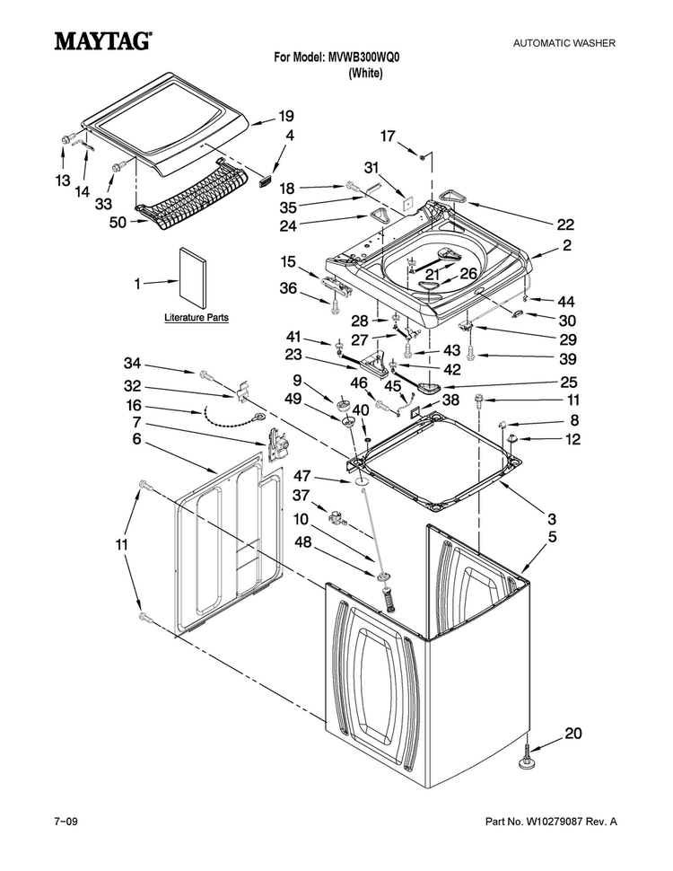 Top And Cabinet Parts Diagram and Parts List for MVWB300WQ0  Maytag Washer
