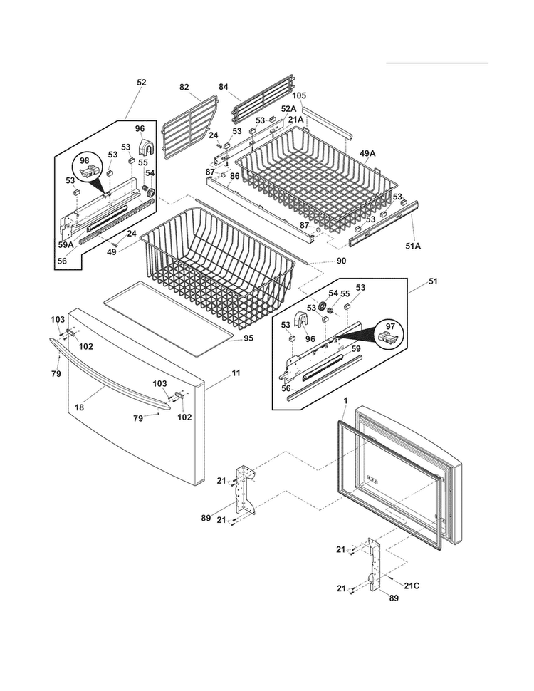 Freezer Drawer - Basket Diagram and Parts List for CFD28WIB6  Crosley Refrigerator