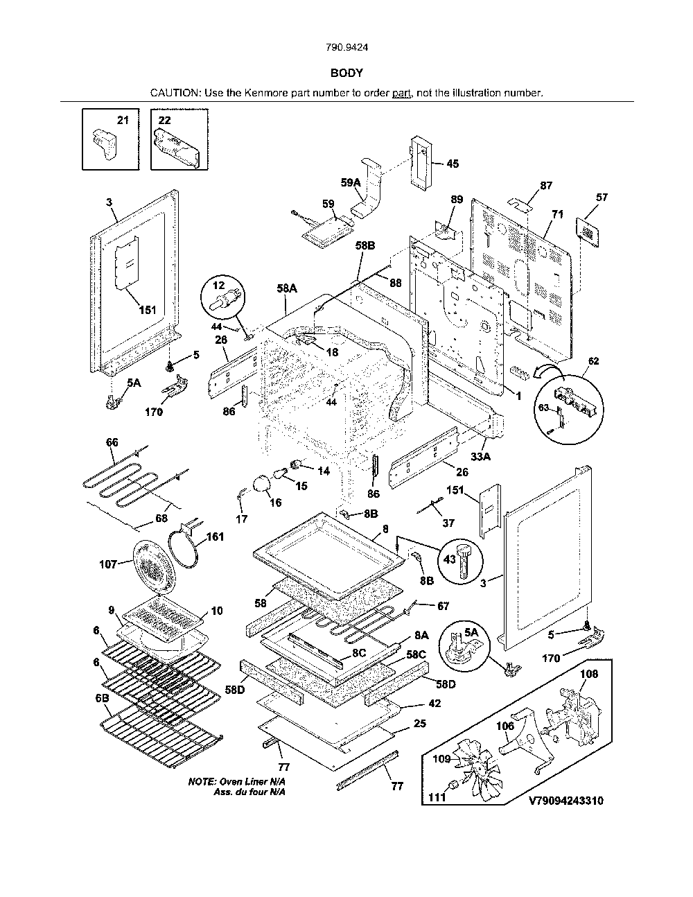 Body Diagram and Parts List for 79094242314  Kenmore Range