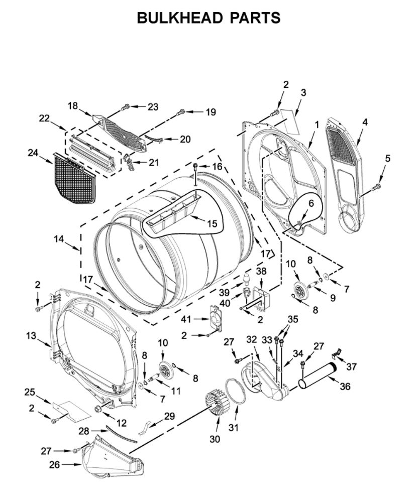 Bulkhead Parts Diagram and Parts List for MED6230HC0  Maytag Dryer