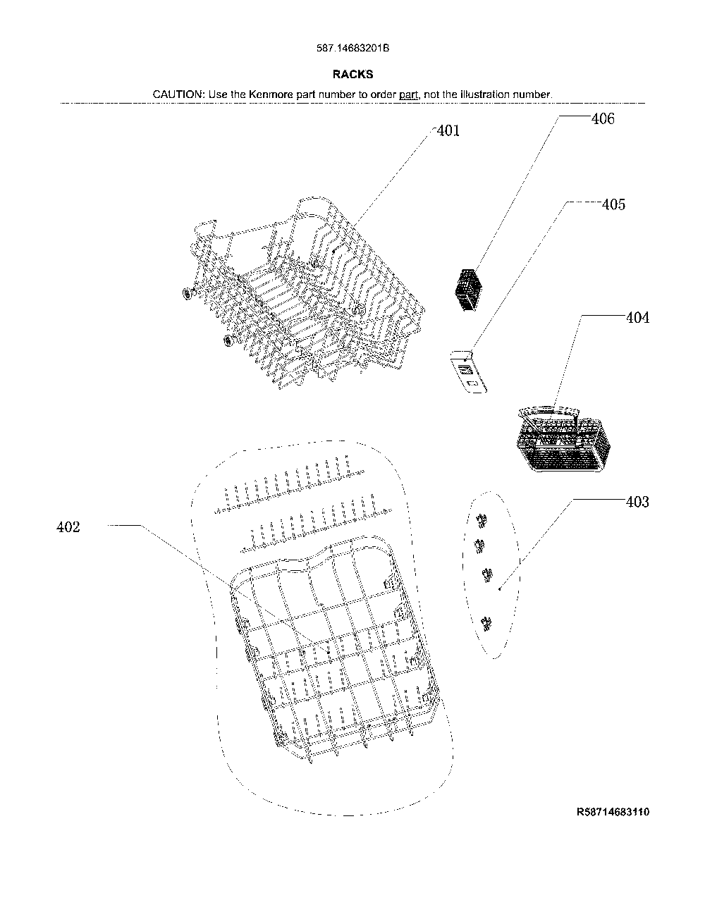 Racks Diagram and Parts List for 58714683201B  Kenmore Dishwasher