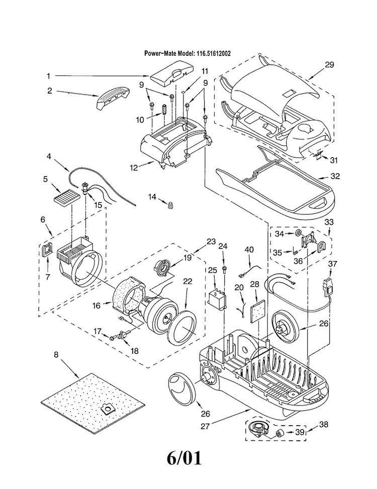 Vacuum Cleaner Diagram and Parts List for 11621612002  Kenmore Canister Vacuum