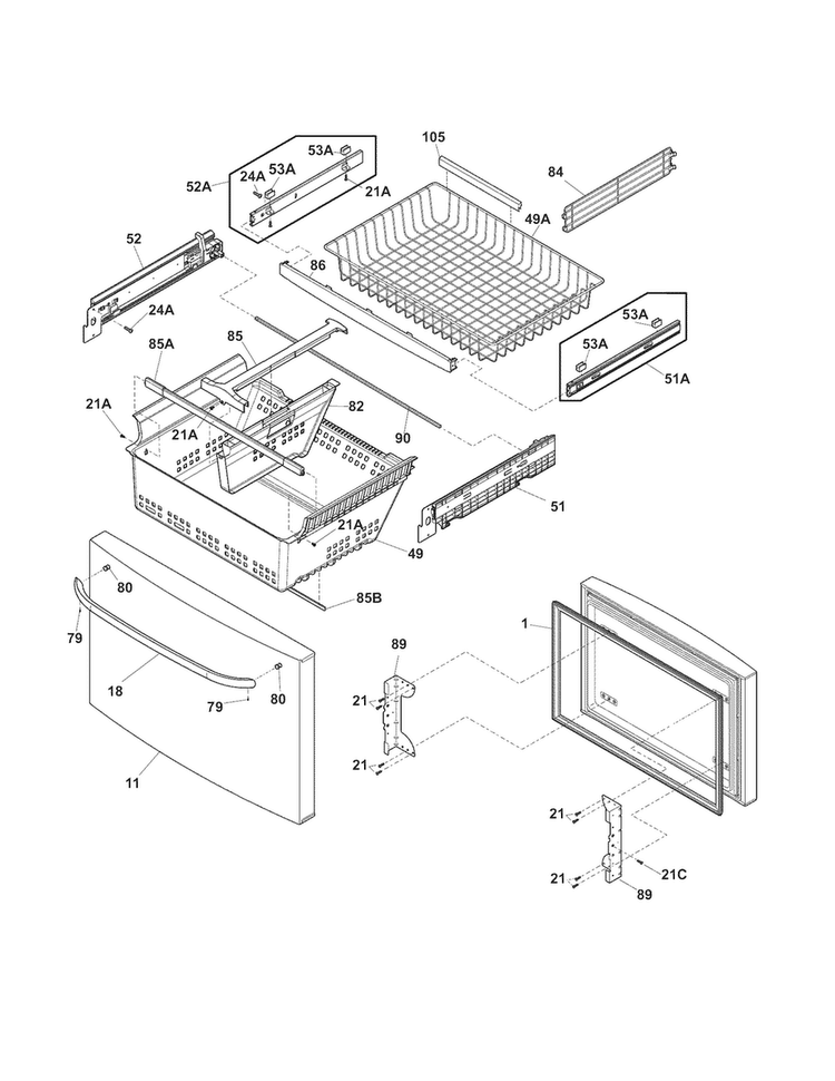 Freezer Drawer, Baskets Diagram and Parts List for CFD27SDPS0  Crosley Refrigerator