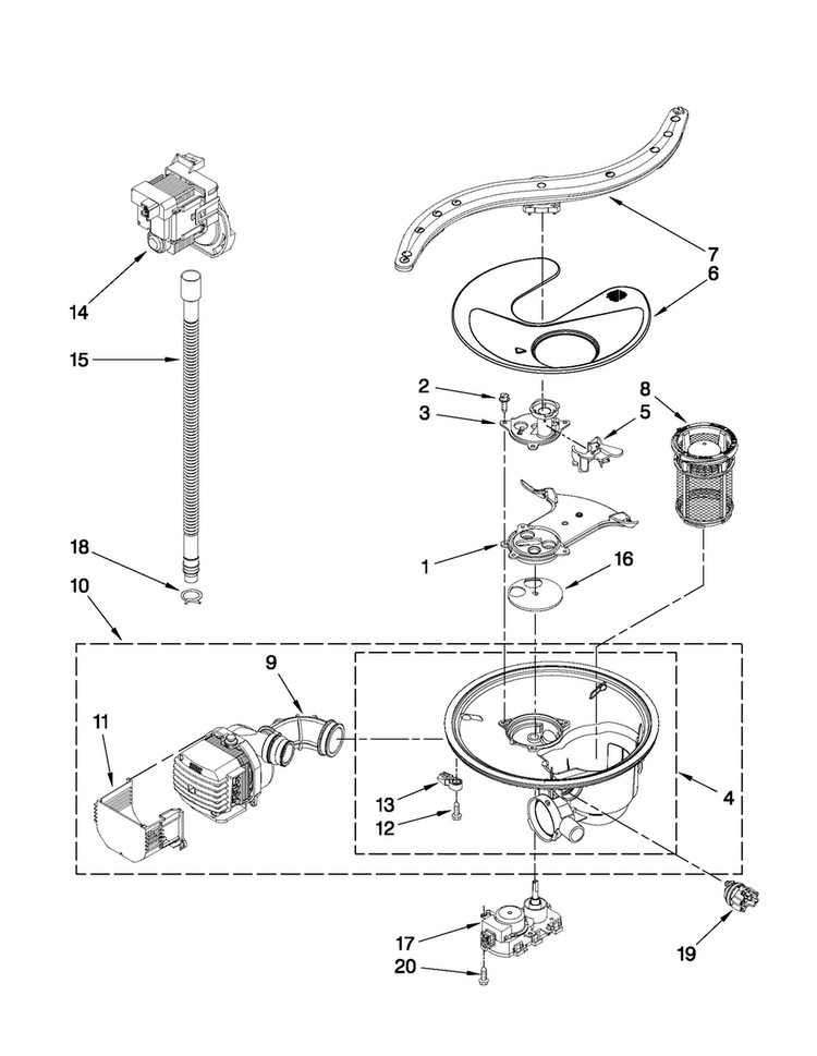 Pump, Washarm And Motor Parts Diagram and Parts List for JDB8000AWB0  Jenn-Air Dishwasher