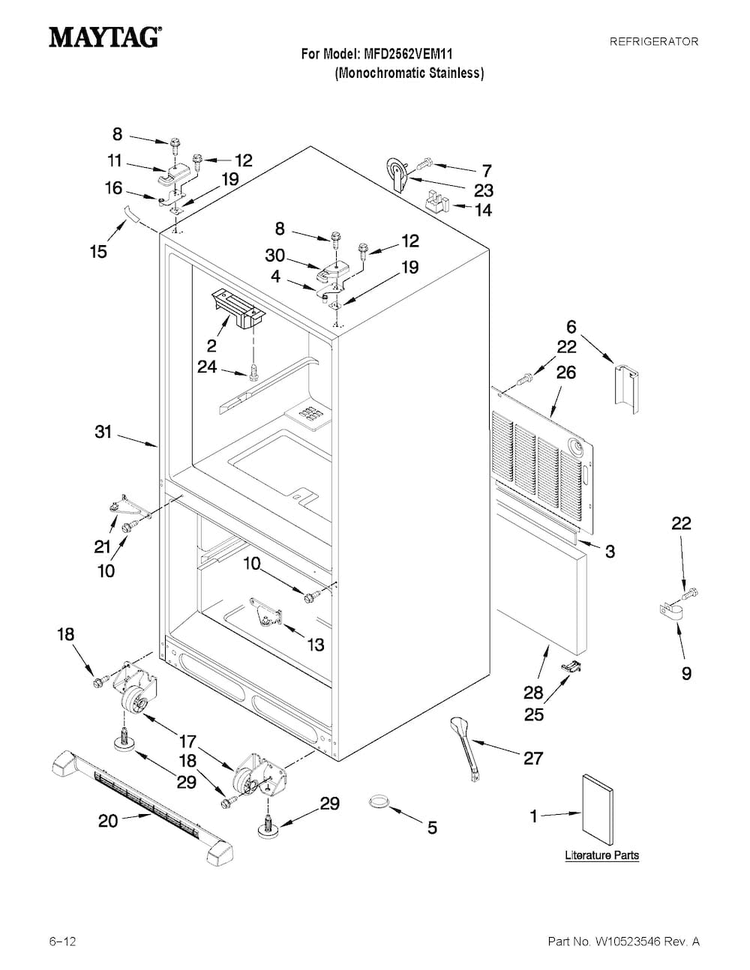 Cabinet Parts Diagram and Parts List for MFD2562VEM11  Maytag Refrigerator