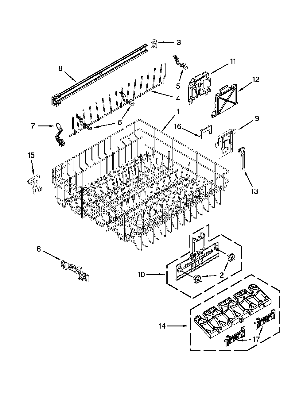 Upper Rack And Track Parts Diagram and Parts List for 66513972K105  Kenmore Dishwasher