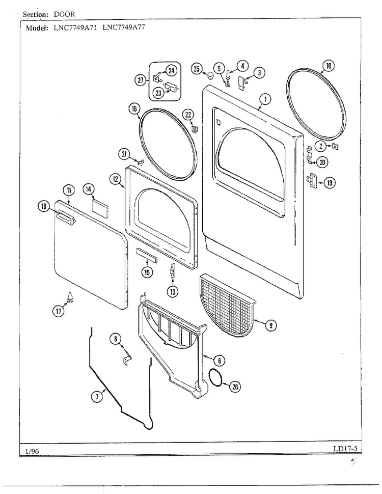Door Diagram and Parts List for LNC7749A77  Maytag Dryer