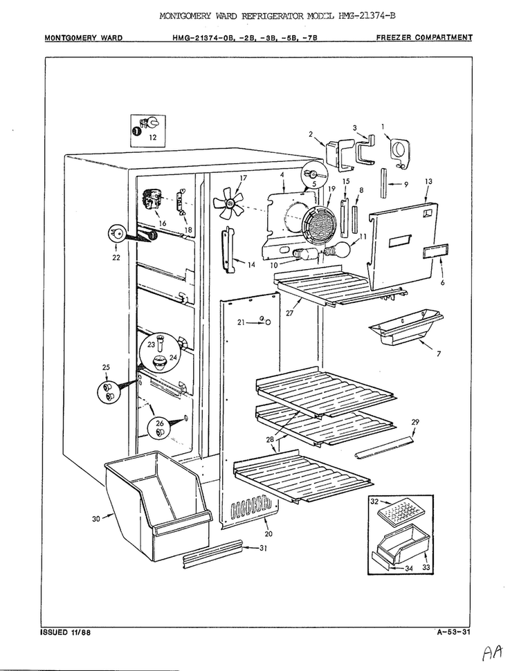 Freezer Compartment Diagram and Parts List for 21374B  Admiral Refrigerator