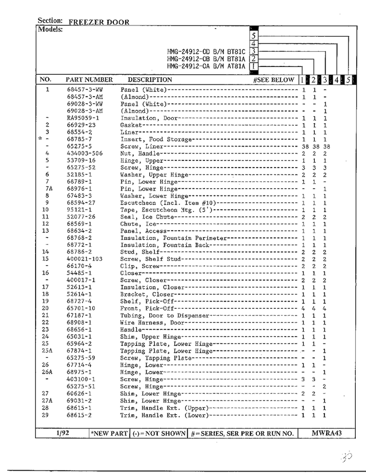 Freezer Door Page 2 Diagram and Parts List for 24912-0A  Admiral Refrigerator