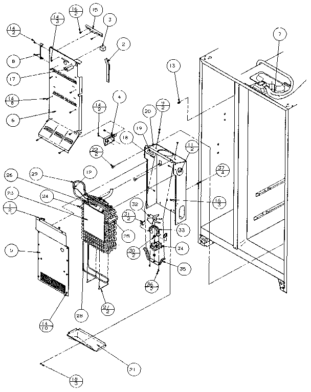 Evaporator And Air Handling Diagram and Parts List for 36271-P1121801W  Amana Refrigerator