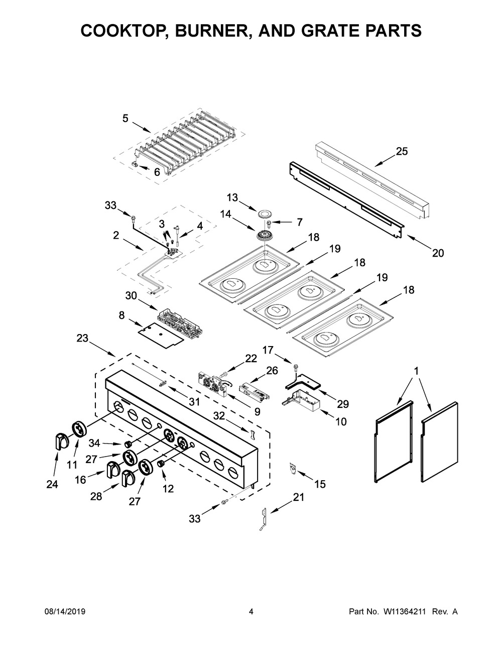 Cooktop, Burner, And Grate Parts Diagram and Parts List for JGRP436HM00  Maytag Range
