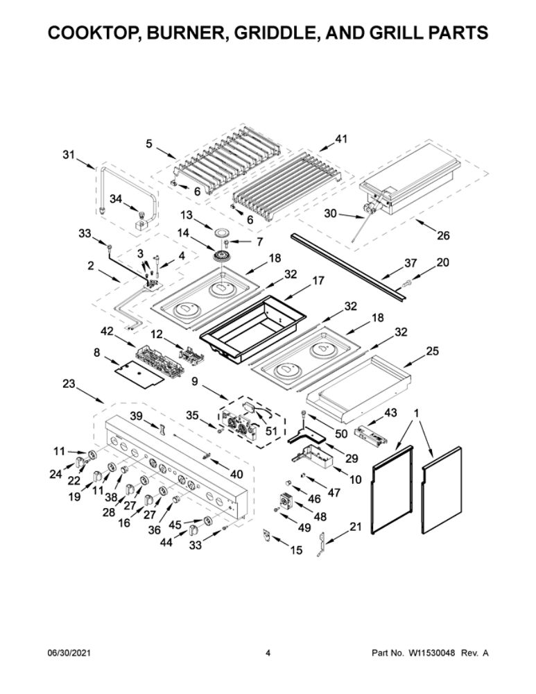 Cooktop, Burner, Griddle, And Grill Parts Diagram and Parts List for JDRP748HM01  Maytag Range