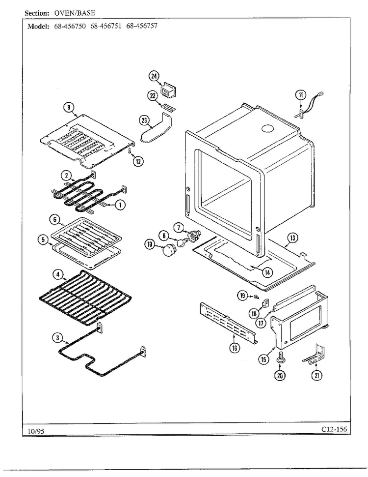 Oven/base Diagram and Parts List for 68-456750  Magic Chef Range