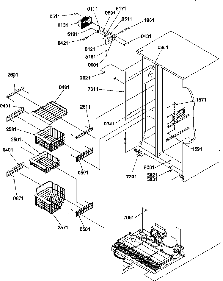 Freezer Shelves And Light Diagram and Parts List for SRD327S3W-P1307105WW  Amana Refrigerator