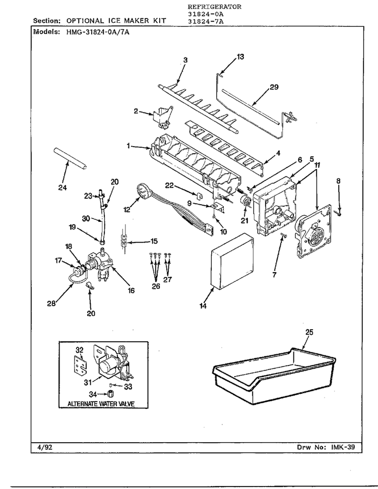 Optional Ice Maker Kit Diagram and Parts List for 31824-0A  Admiral Refrigerator