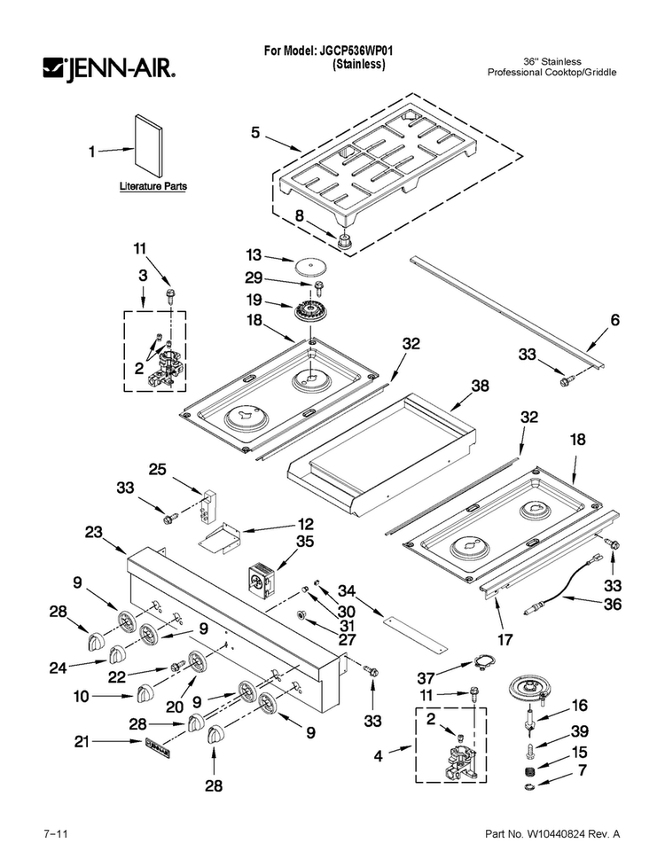 Cooktop, Burner And Grate Parts Diagram and Parts List for JGCP536WP01  Jenn-Air Cooktop
