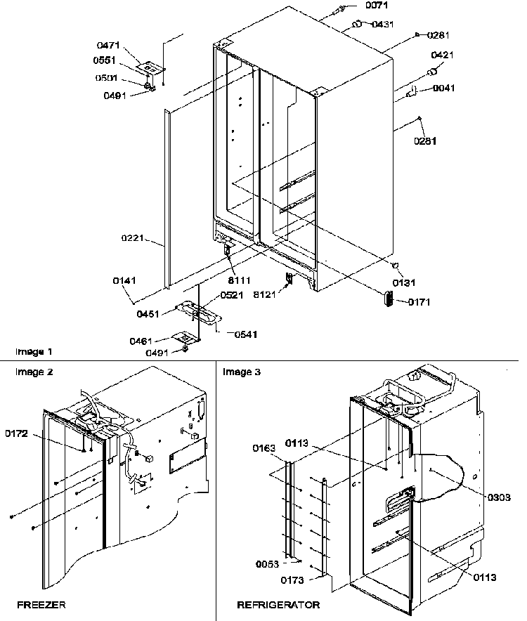 Cabinet Parts Diagram and Parts List for SXD25S2E-P1190421WE  Amana Refrigerator