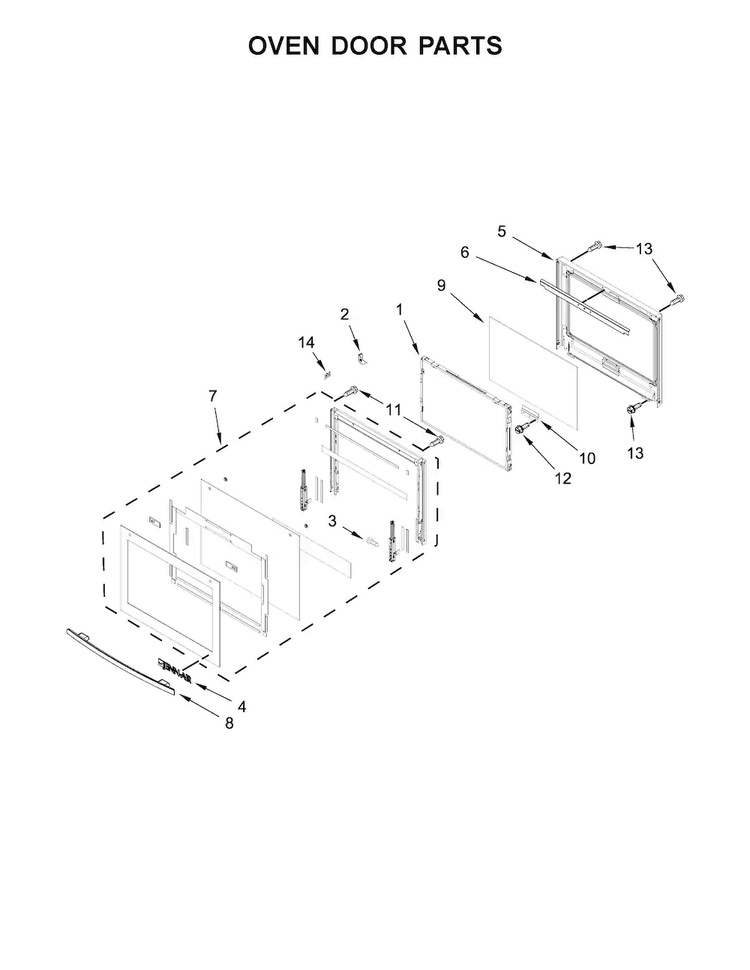 Oven Door Parts Diagram and Parts List for JJW3430DS01  Jenn-Air Wall Oven