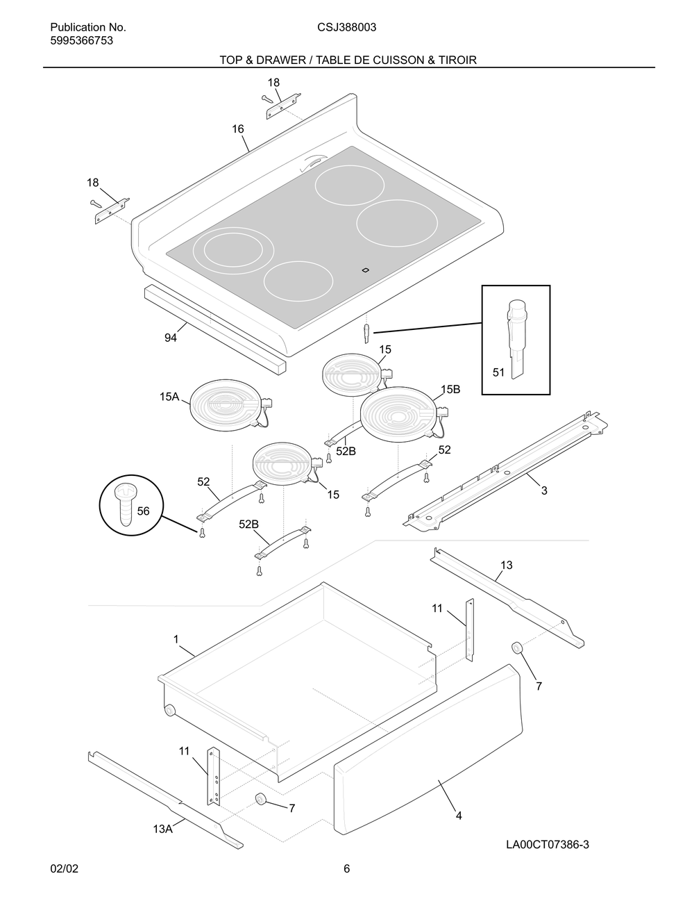 Top And Drawer / Table De Cuisson And Tiroir Diagram and Parts List for CSJ388003  Maytag Range