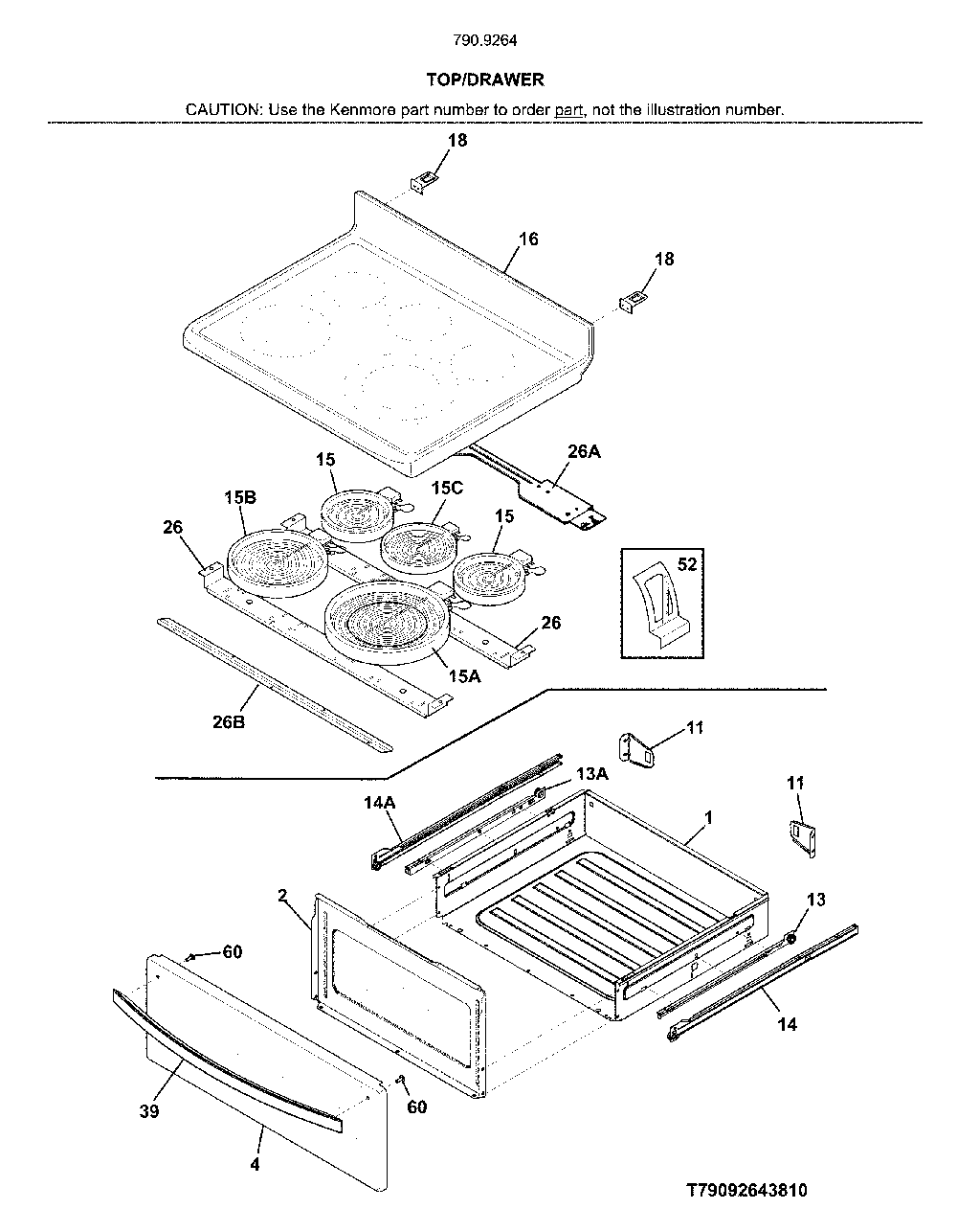 Top/Drawer Diagram and Parts List for 79092643810  Kenmore Range