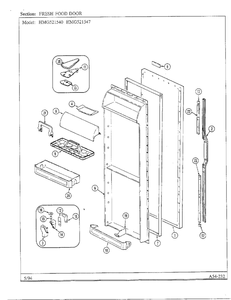 Fresh Food Door Diagram and Parts List for 52154  Admiral Refrigerator