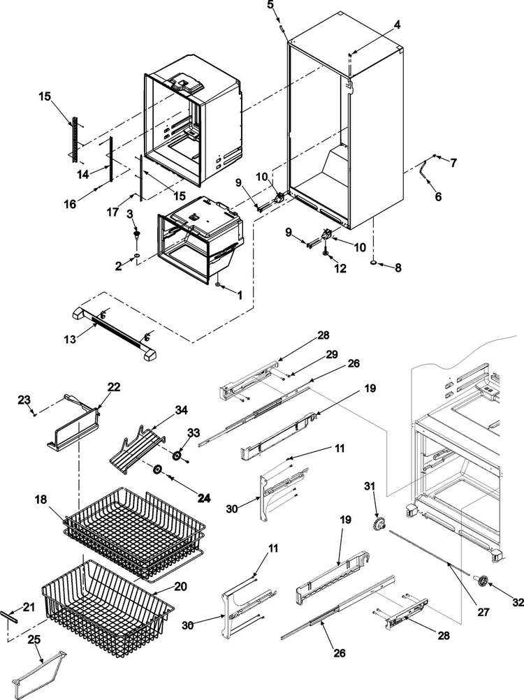 Interior Cabinet & Freezer Shelving Diagram and Parts List for ABR2527FES0  Amana Refrigerator