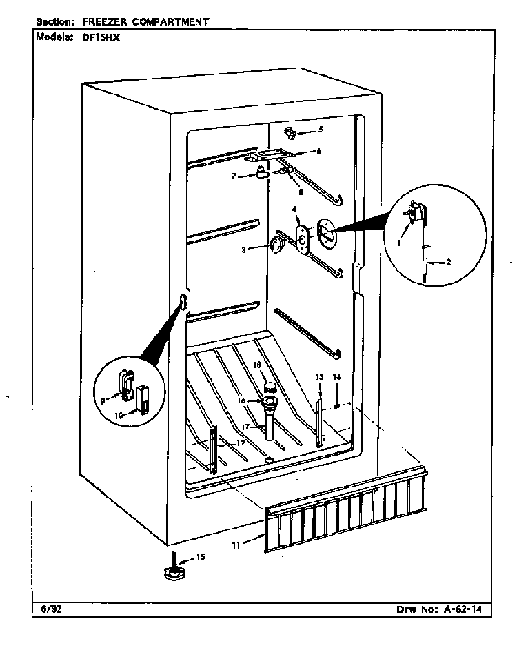 Freezer Compartment Diagram and Parts List for DF15HX X5Z53 Maytag Refrigerator