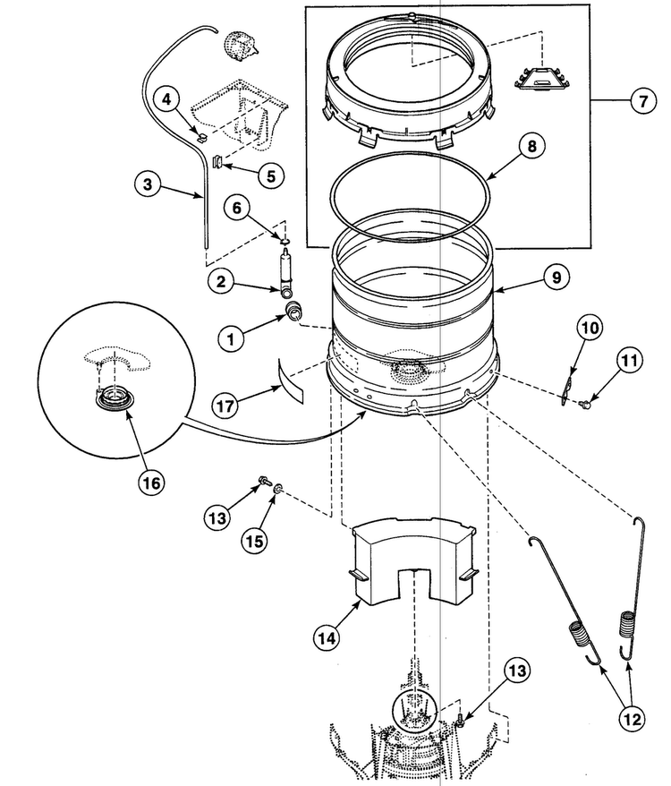 Outer Tub Diagram and Parts List for SWT021LN  Speed Queen Washer