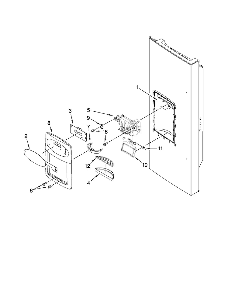 Dispenser Front Parts Diagram and Parts List for MFI2569VEA2  Maytag Refrigerator