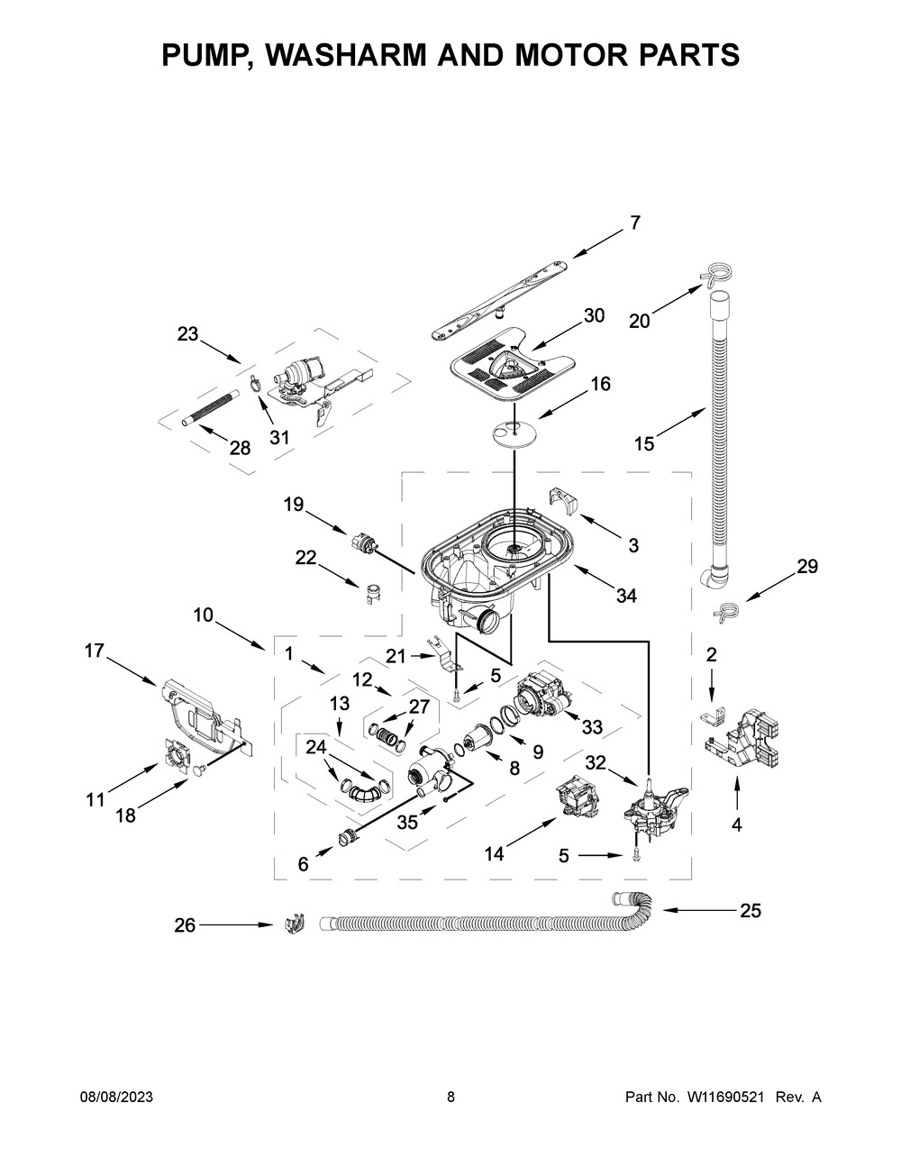 Pump, Washarm And Motor Parts Diagram and Parts List for MDB9979SKZ2  Maytag Dishwasher