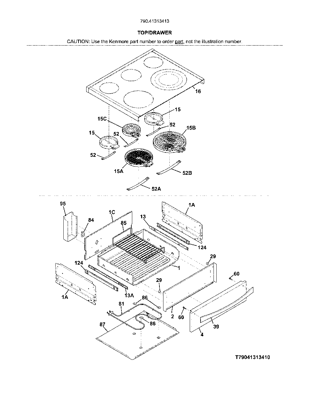 Top/Drawer Diagram and Parts List for 79041313413  Kenmore Range
