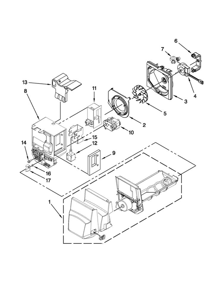 Motor And Ice Container Parts Diagram and Parts List for MFI2665XEB7  Maytag Refrigerator