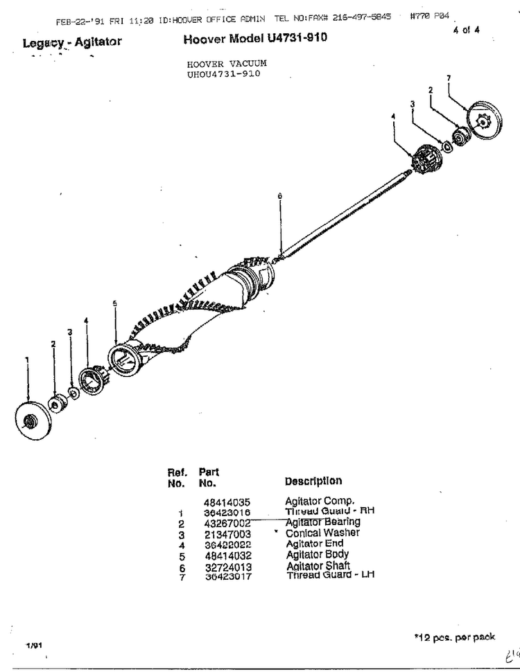 Hoover Vacuum Legacy-agitator Diagram and Parts List for U4731-910  Hoover Upright Vacuum