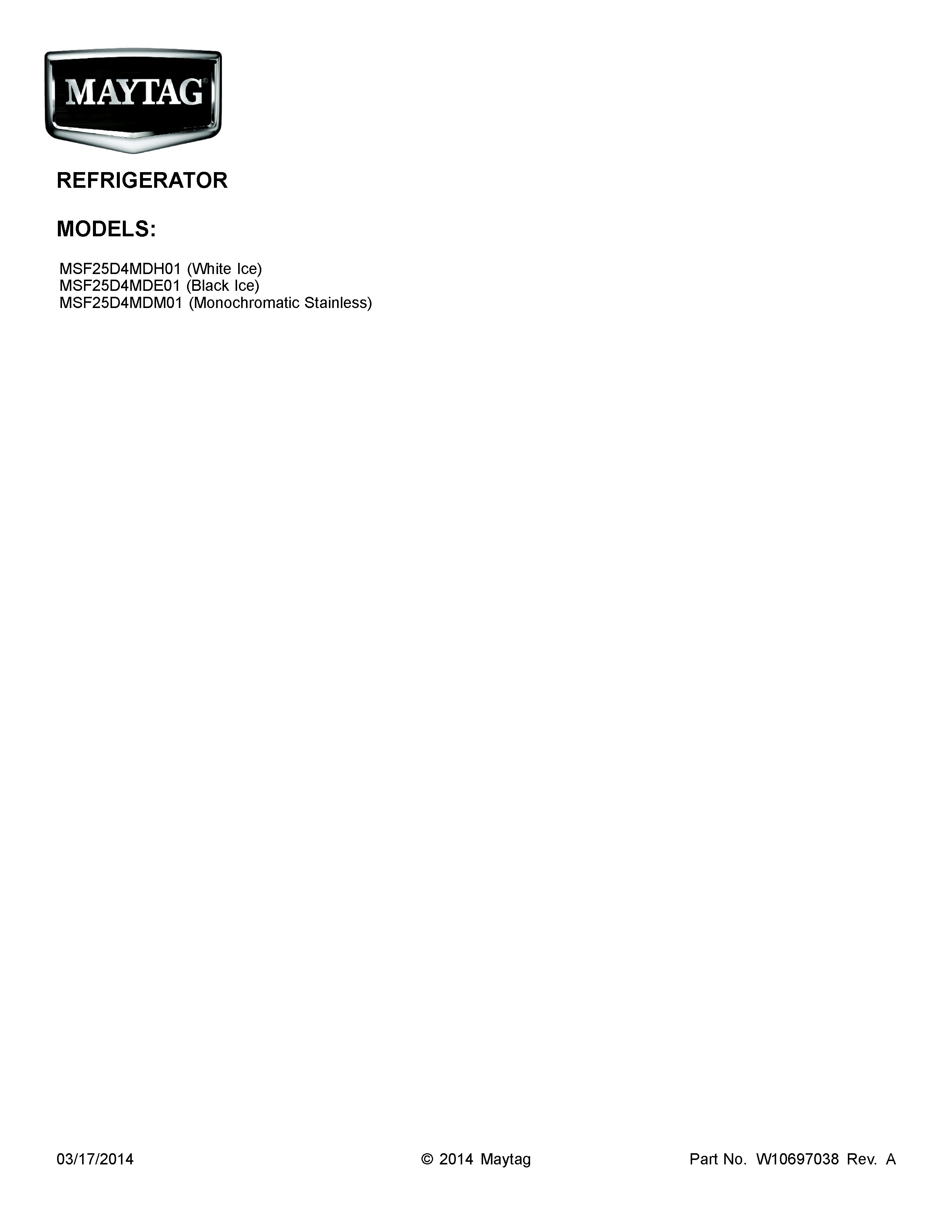 Cover Sheet Diagram and Parts List for MSF25D4MDH01  Maytag Refrigerator