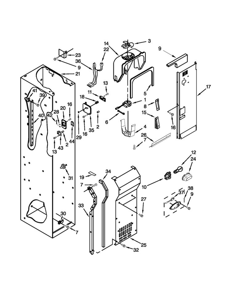 Freezer Liner And Air Flow Parts Diagram and Parts List for JS42PPDUDB15  Jenn-Air Refrigerator