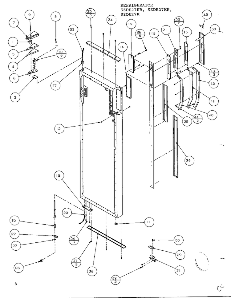 Refrigerator Door Hinge And Trim Parts Diagram and Parts List for SZDE27KB  Amana Refrigerator