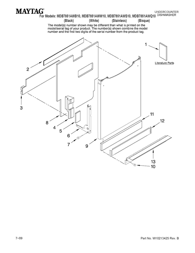 Door And Panel Parts Diagram and Parts List for MDB7851AWS10  Maytag Dishwasher