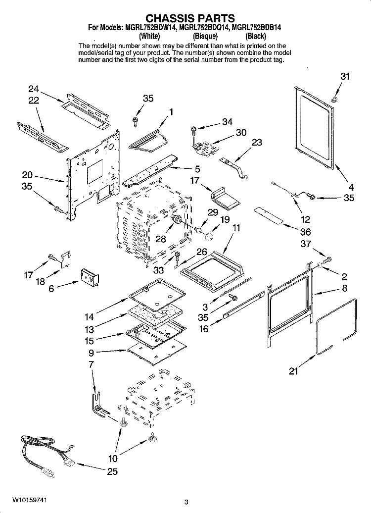 CHASSIS PARTS Diagram and Parts List for MGRL752BDW14  Maytag Range