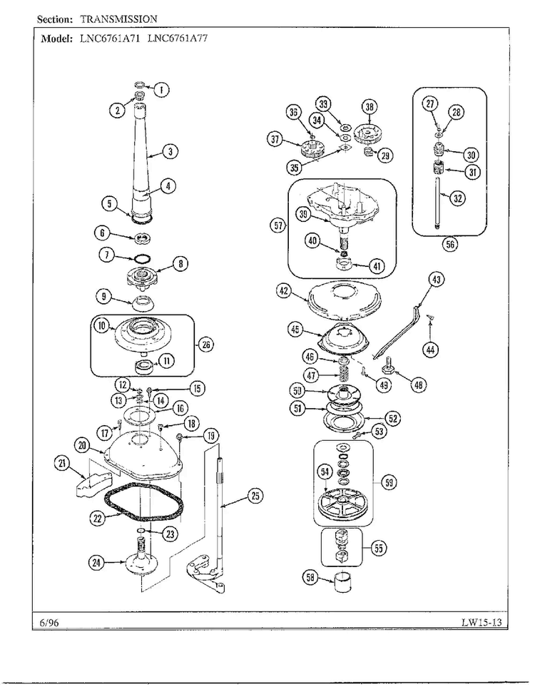 Transmission Diagram and Parts List for LNC6761A71  Admiral Washer