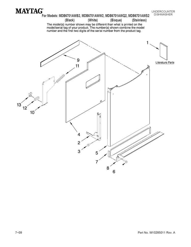 Door And Panel Parts Diagram and Parts List for MDB6701AWQ2  Maytag Dishwasher