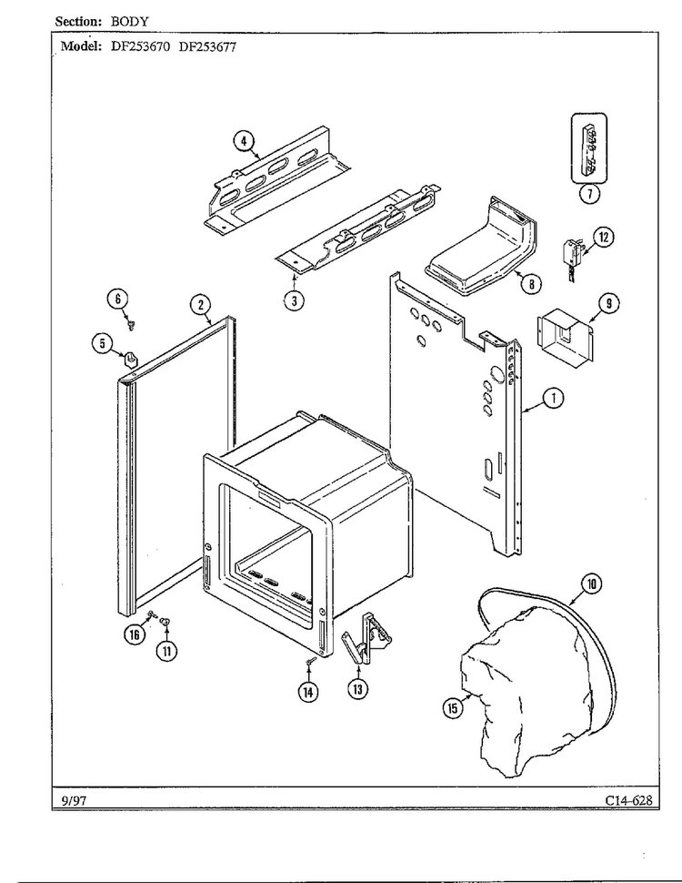 Body Diagram and Parts List for DF253670  Magic Chef Range