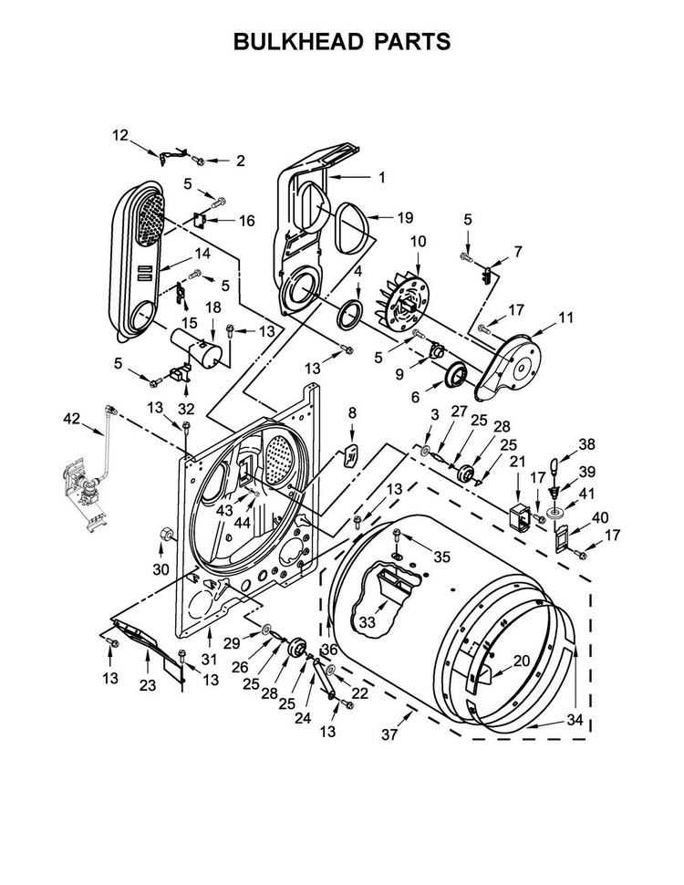 Bulkhead Parts Diagram and Parts List for MGDB755DW2  Maytag Dryer