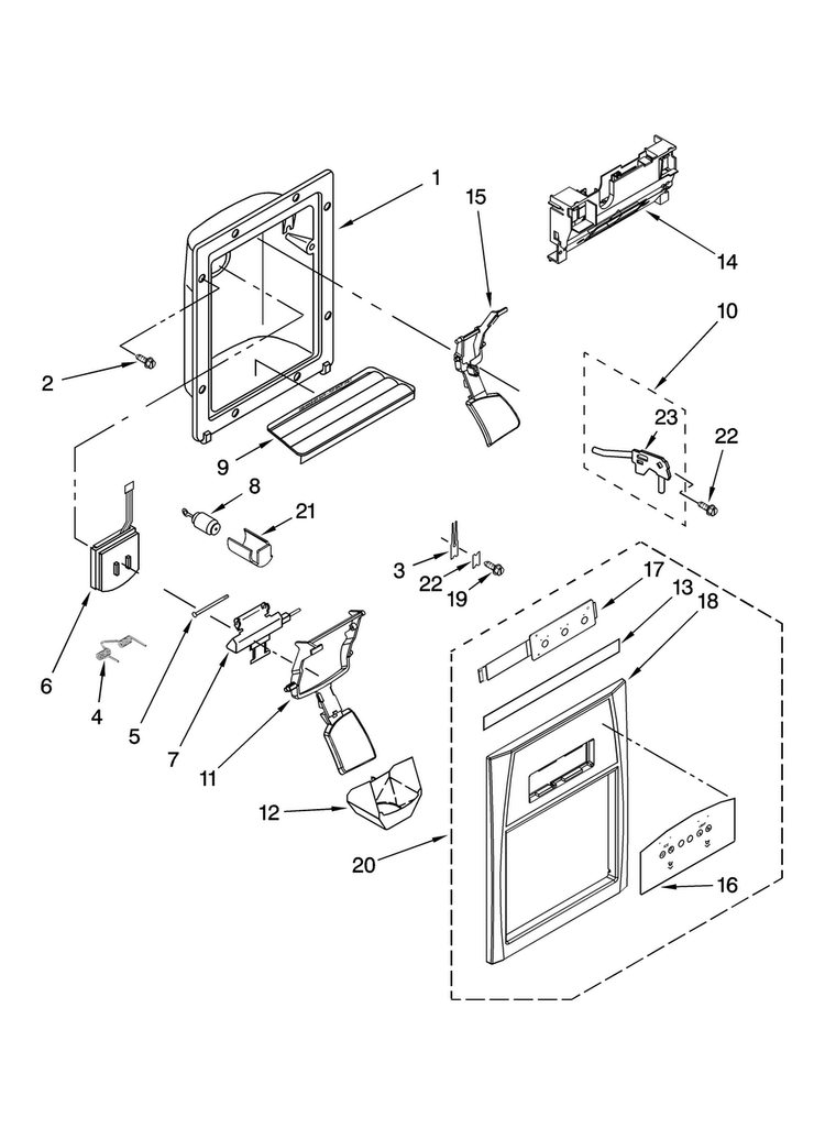Dispenser Front Parts Diagram and Parts List for MSD2242VEU00  Maytag Refrigerator