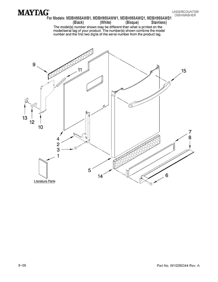 Door And Panel Parts Diagram and Parts List for MDBH955AWB1  Maytag Dishwasher